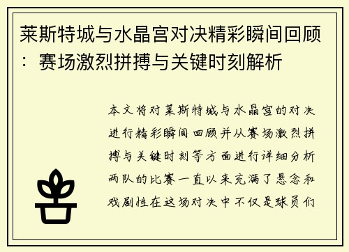 莱斯特城与水晶宫对决精彩瞬间回顾：赛场激烈拼搏与关键时刻解析